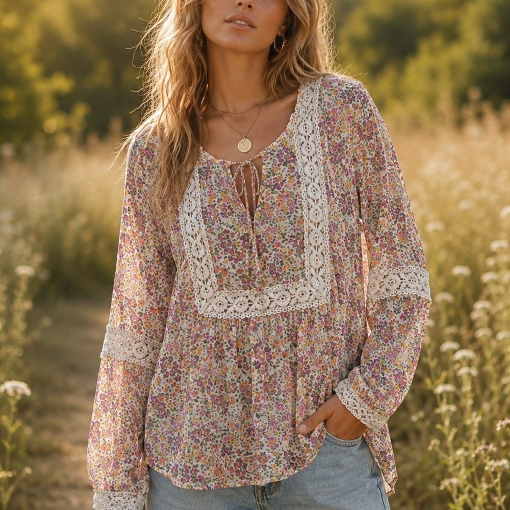 Krazy Kat Floral Boho Peasant Tunic Top Crochet Lace Cottagecore M Romantic